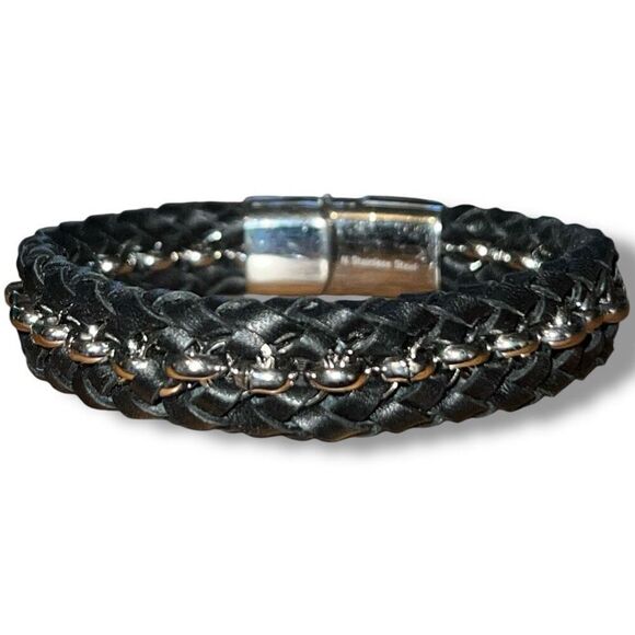 7 1/2” Faux Leather & Stainless Steel Bracelet - Picture 3 of 7